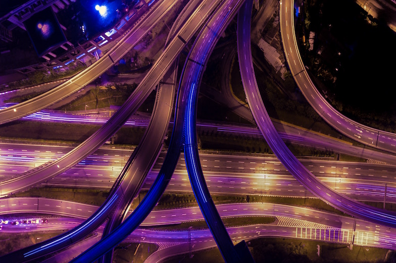 view from above on network of roads at night