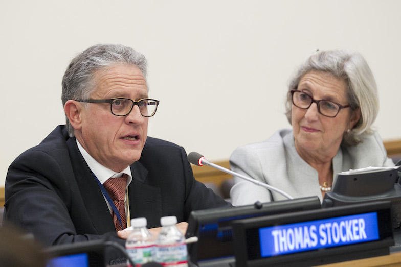 Thomas Stocker as co-chair of IPCC Working Group I in 2014, speaking at the Climate Summit at UN Headquarters in New York, with Julia Marton-Lefèvre, the former director-general of the International Union for Conservation of Nature, is to the right.